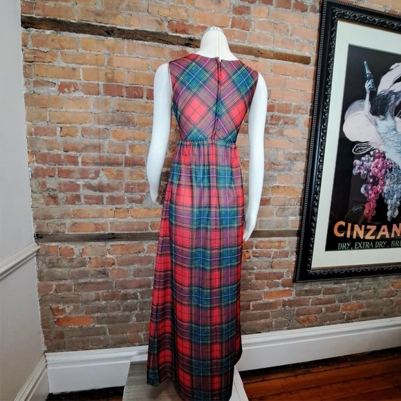 Vintage 1970s Plaid Dress Polyester Red Green White Maxi Empire Waist  Size 9 - Picture 4 of 7